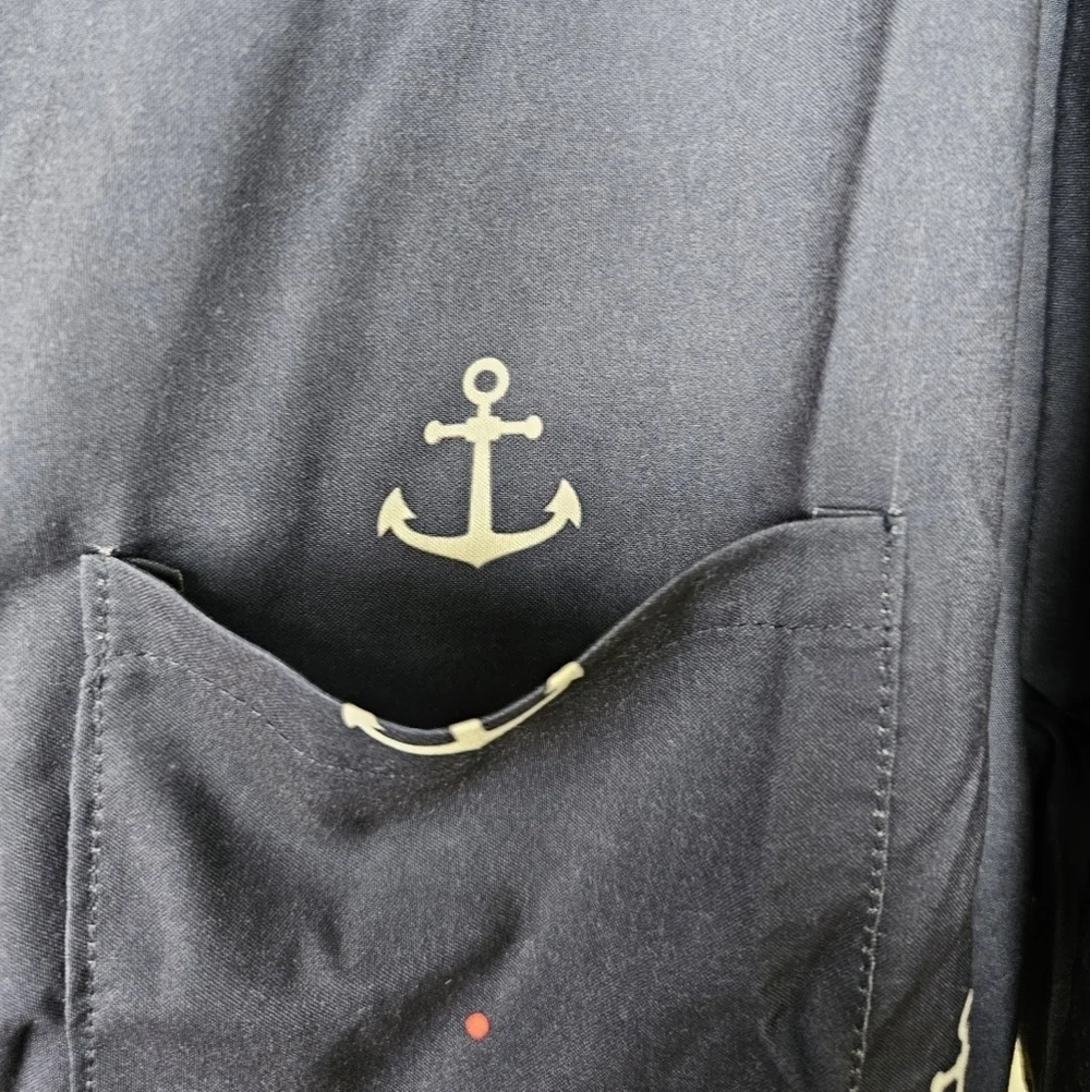 KYKU Men's Button Down Short Sleeve Shirt, One Pocket | Navy with White Anchors
